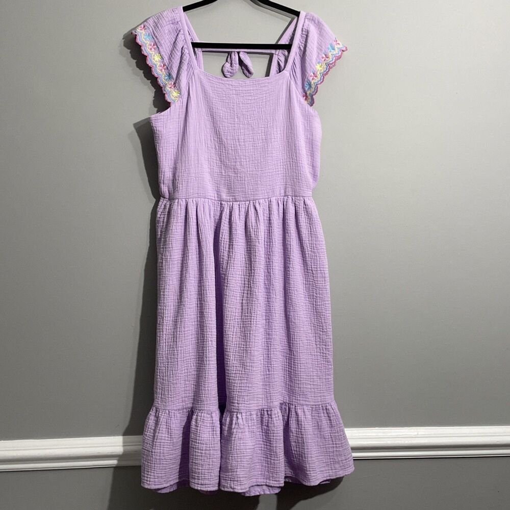 Blueberi Boulevard Purple Midi Lined Dress Womens L Embroidered Boho Cottagecore